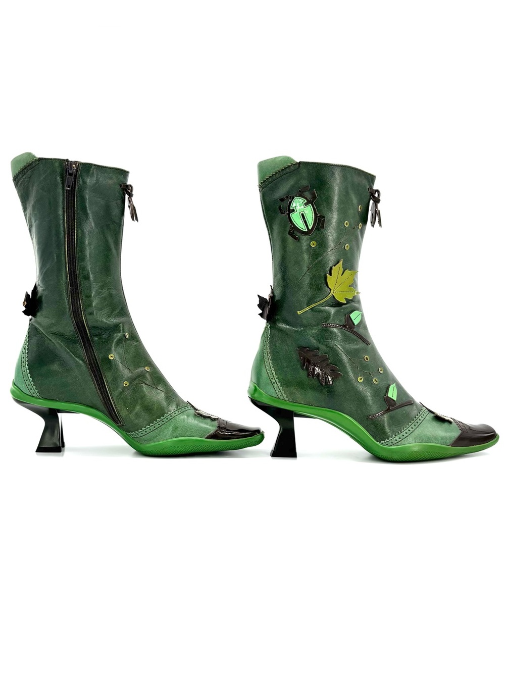 Vintage Prada FW1999 Runway Green Leaves and Bug Applique Leather Boots 38.5 - Picture 7 of 12